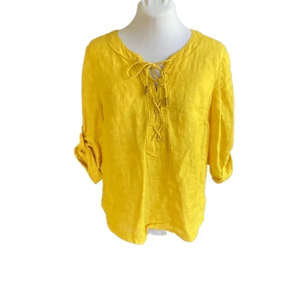Maeve Anthropologie Linen Top, Size 6, Marva Mustard Yellow Gold Lace-up Neck - Picture 2 of 11